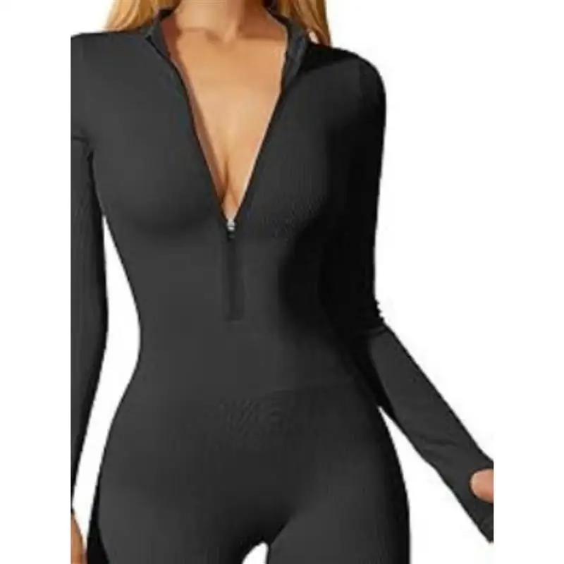 

Women's Ribbed Long Sve Sports Jumpsuit Front Zipper Design Thin Polyester Fabric mid Waist Long Pants Autumn Faion