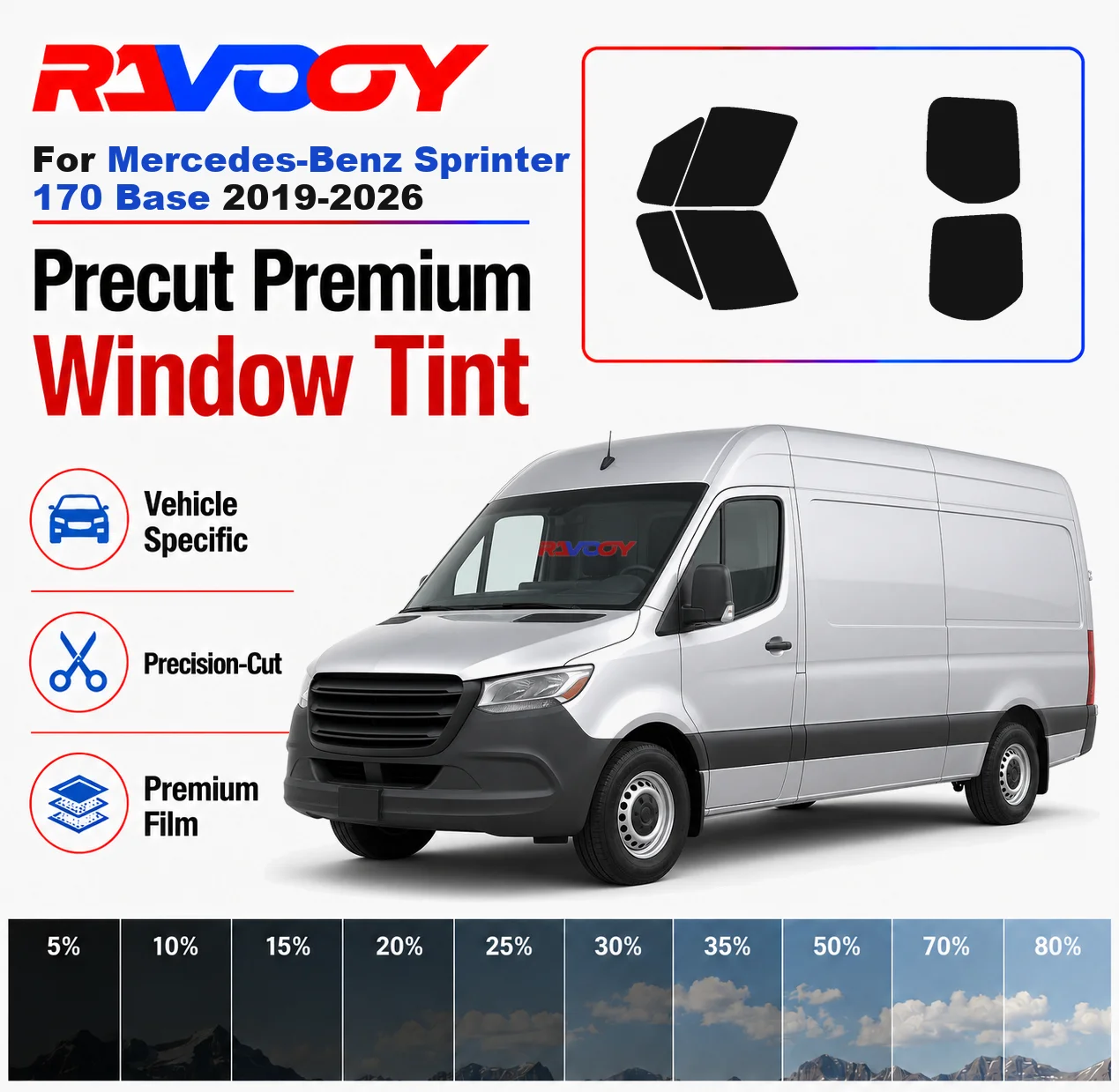 Premium Precut Window Tint Kit Front Rear Windows For Mercedes-Benz Sprinter 170 Base 2019-2026 Complete Set Nano Ceramic Film