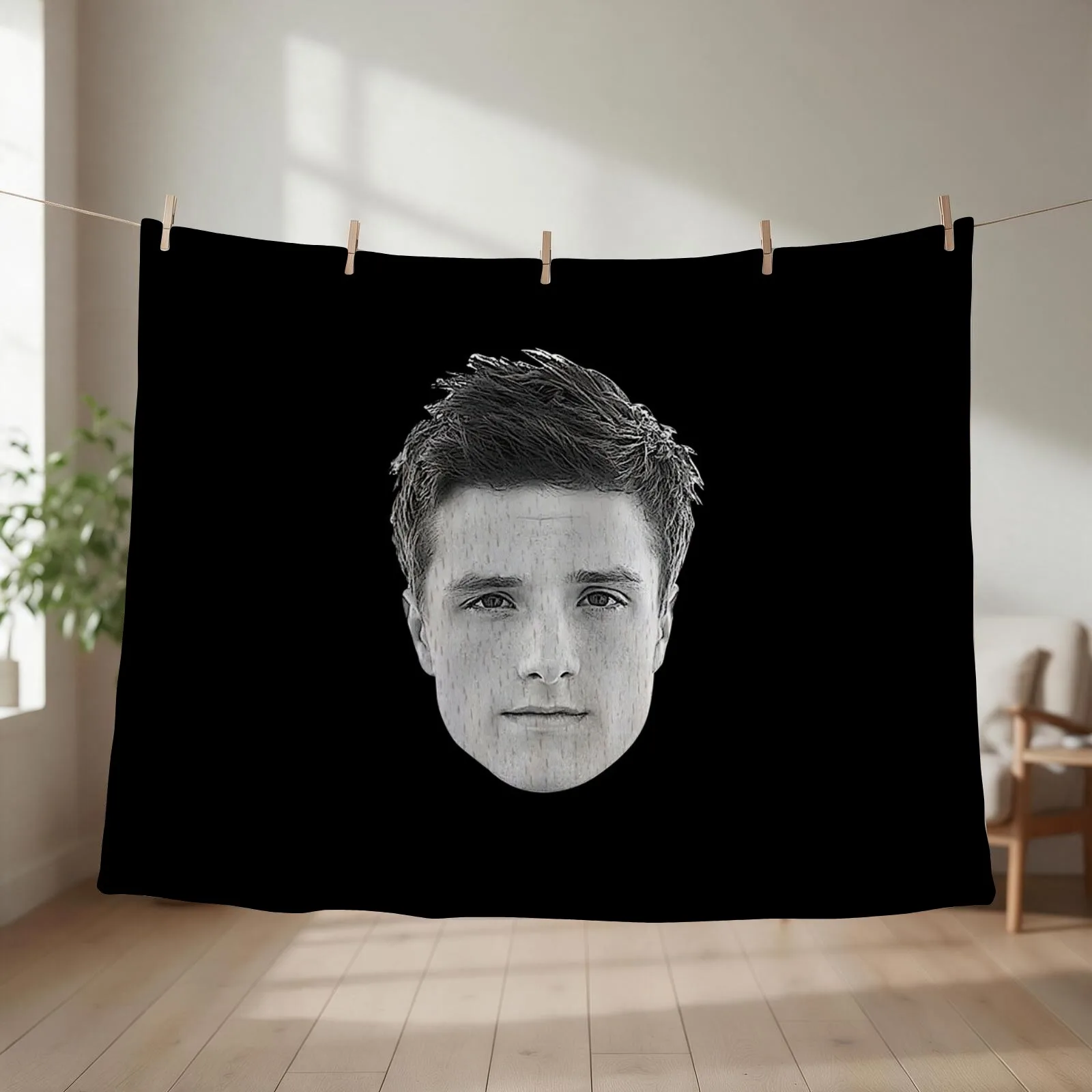 Josh Hutcherson's Face Engraved on a Wooden Spoon Throw Blanket couch cozy soft plush fuzzy picnic outdoor blanket