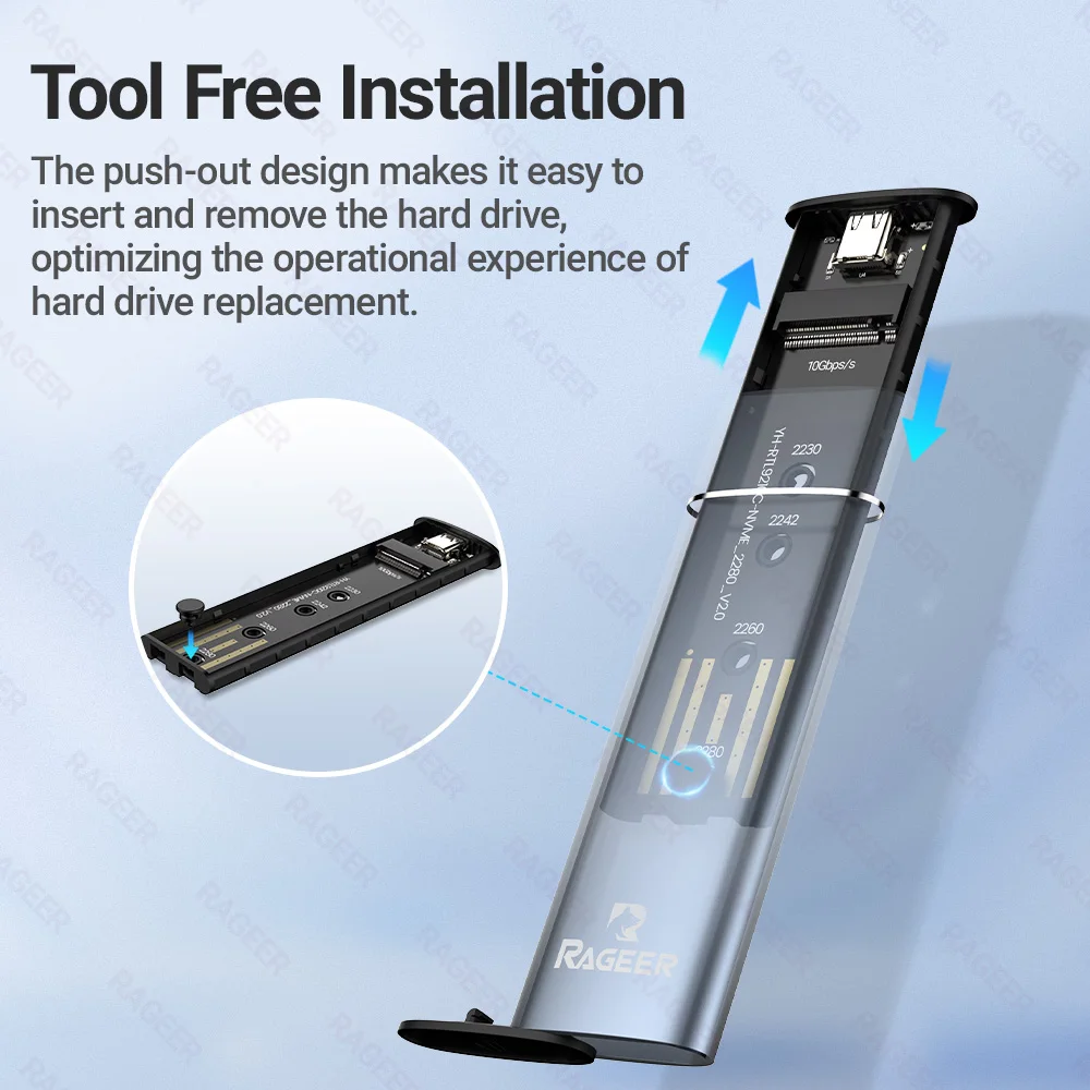 RAGEER Aluminium M.2 NVME SSD Mobiles Festplattengehäuse, USB 3.2 Gen 2 10 Gbit/s auf NVME M-Key/(B+M) Key SSD-Gehäuse, Push-Pull