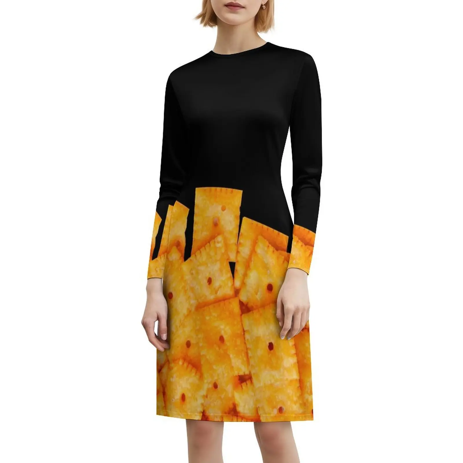 فستان نسائي أنيق للحفلات من Cheez It فستان على شكل حرف a مع خيارات قصيرة/طويلة/بدون أكمام Cheez It Food Cheese Snack Cheez It