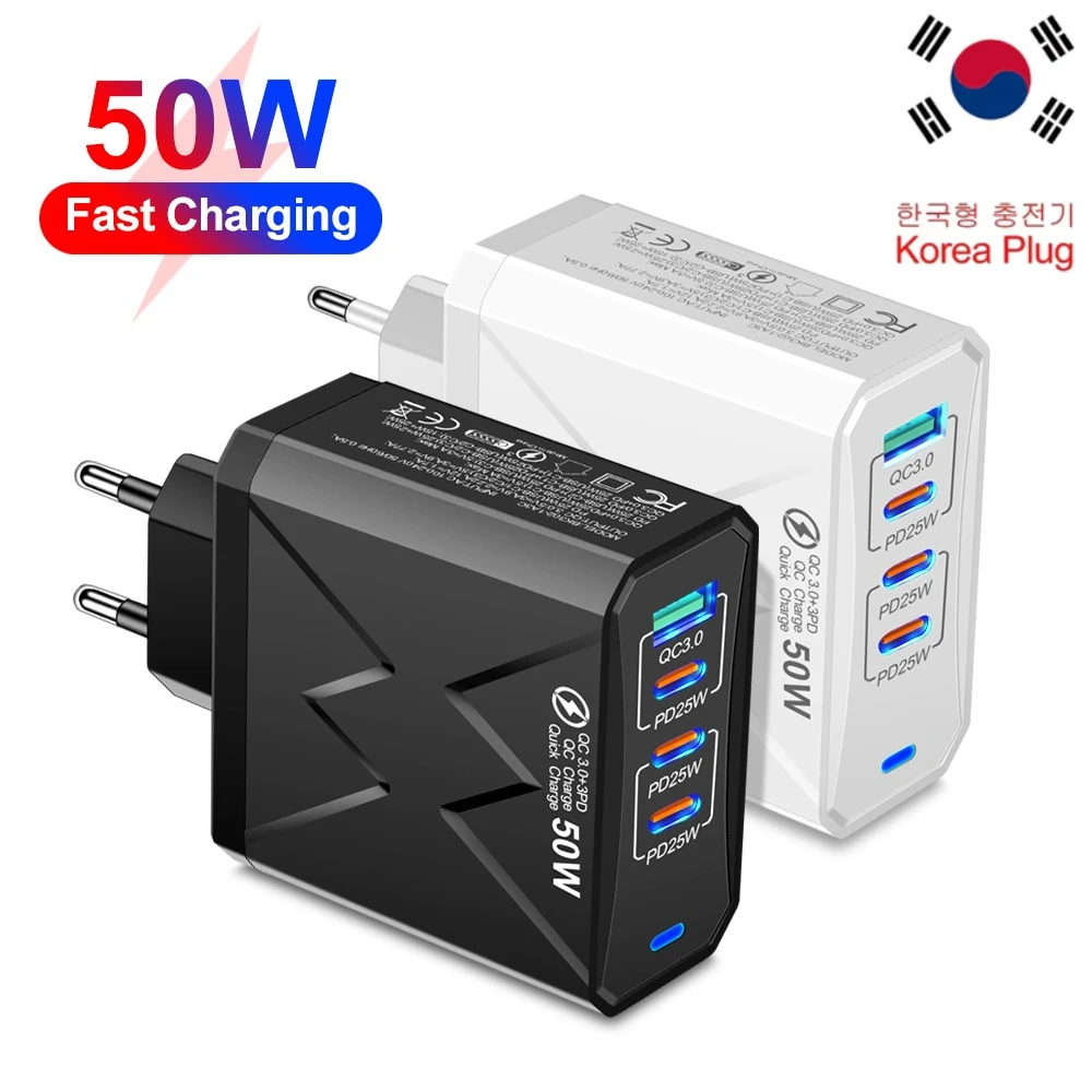 50W 4 Ports Type C Charging Station USB Fast Charging Charger Travel Charger For iPhone 16 15 Samsung Xiaomi Phone Quick Adapter