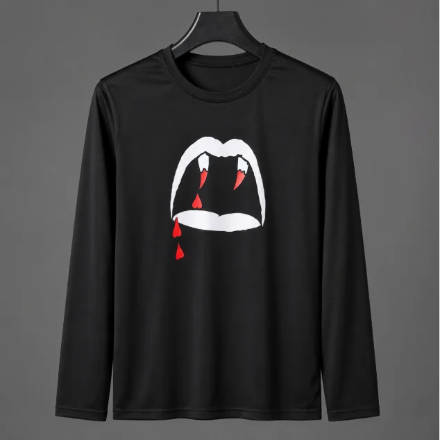 Unisex Vampire Fangs Lips Print Long Sleeve T‑Shirt Blood Drop Graphic Crew Neck Tee Gothic Halloween Streetwear Casual Tops ﻿