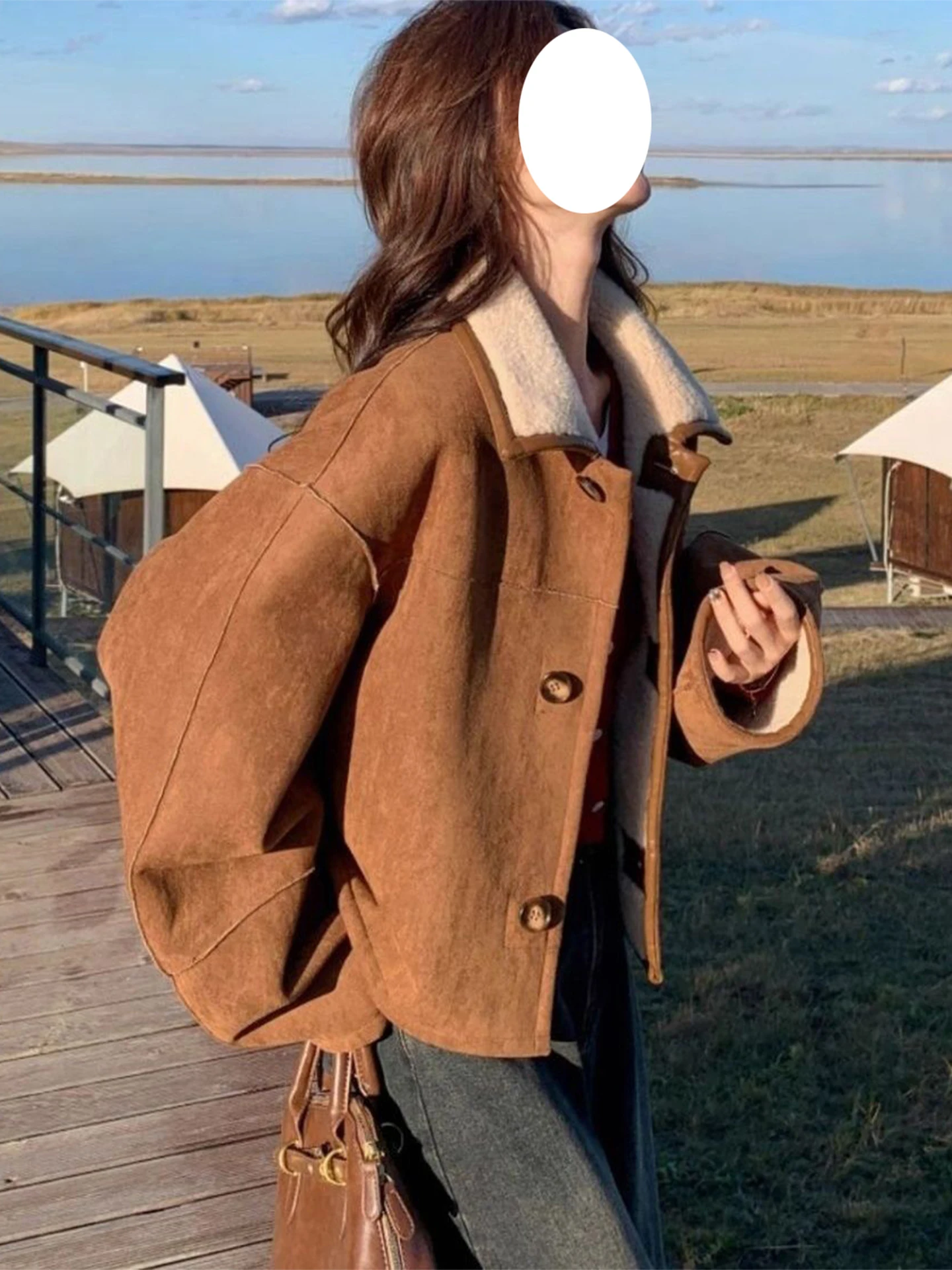 Dubbelzijdig draagbaar suède lamsbontjas voor dames, verdikte herfst-winter bovenkleding, warme, korte jas voor woon-werkverkeer