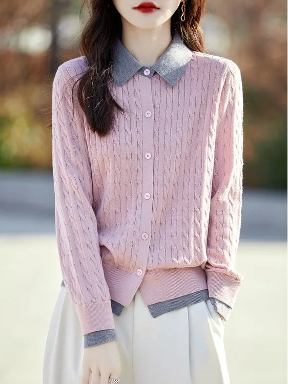 

Korean Japanese High End Knitted Sweater Women's Vintage Style Versatile Slimming Color Block Outerwear Long Sleeve Cardigan