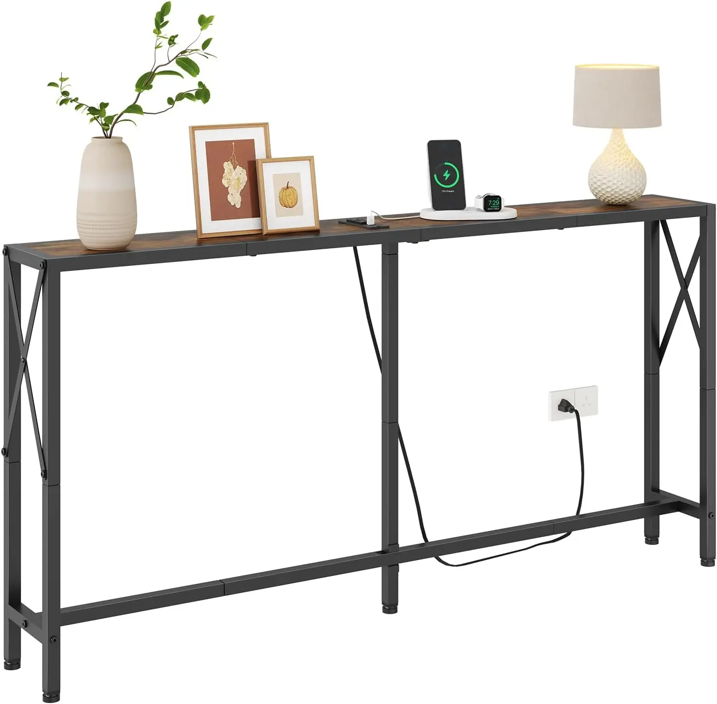 

Console Table with Oulets and USB Ports, 55.1" Sofa Table Behind Couch, Industrial Long Skinny Stand for Hallway, Living Room, B