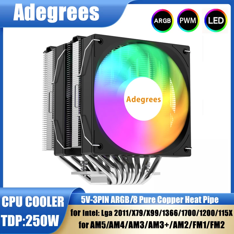 

8Heat Pipes CPU Air Cooler AM4 5V-3PIN TDP 250W ARGB Cooling Fan For Intel LGA 1150 1151 1155 1156 1366 1700 2011 X99 AMD AM5