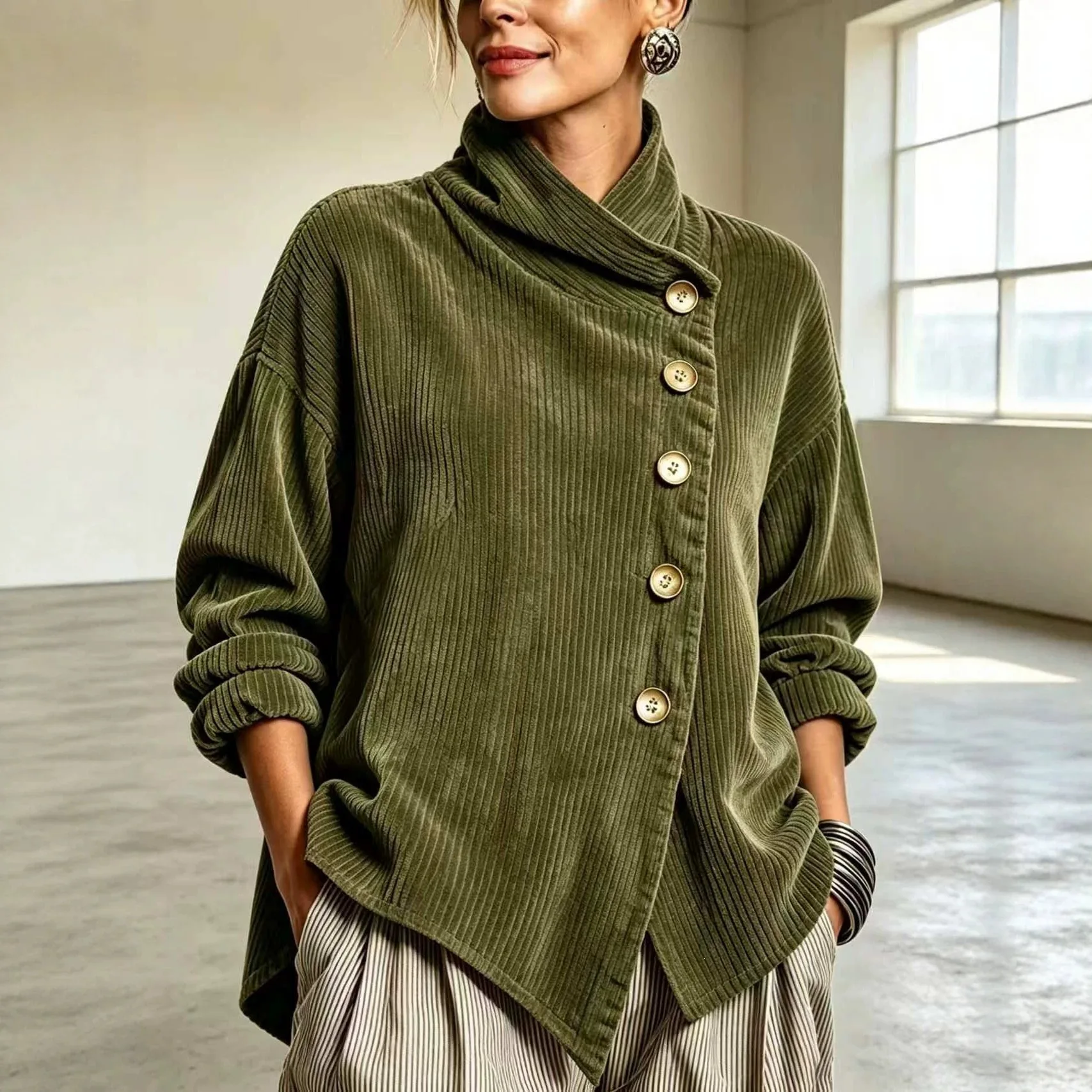 Women Corduroy Jacket High Neck Asymmetric Button Long Sleeve Loose Casual Fall Winter Outerwear Coat Vintage Women Clothing