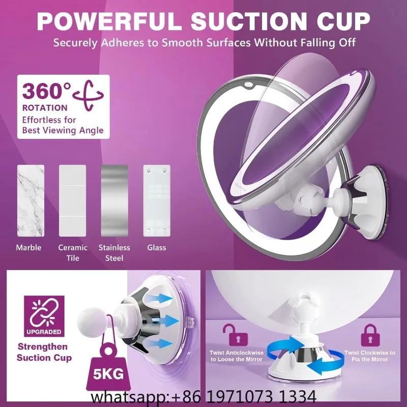 6.7 Inch Magnifying Mirror with Light, 10X Portable Travel Magnified Mirror with 360° Adjustable Stand and Suction Cup