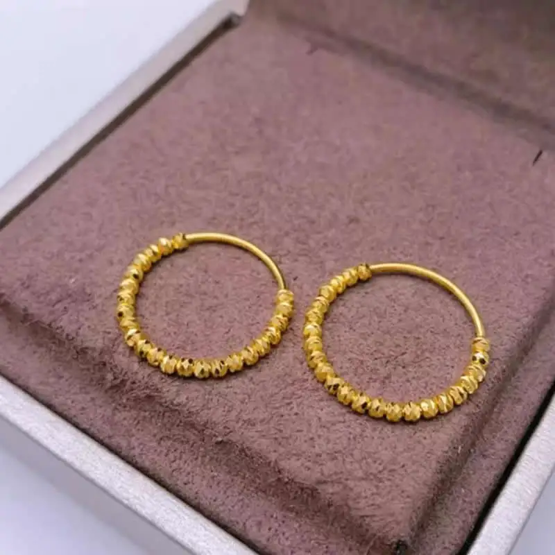 Solid 24K Yellow Gold Earrings Women 999 Gold Beads Hoop Earrings