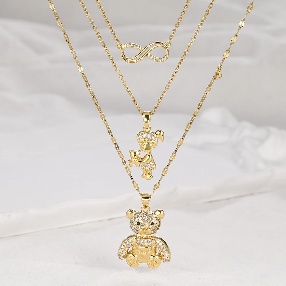Exquisite teddy bear, cute girl, and three layered necklace pendant with an 8-shaped combination, fashionable jewelry gift