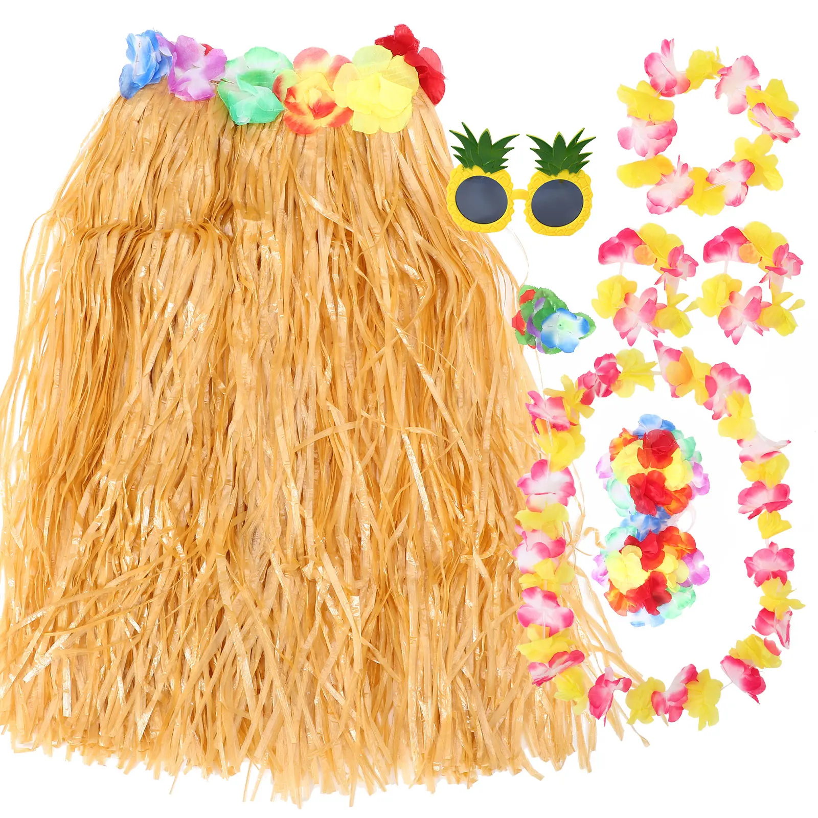 

1 set Hawaiian Party Wreath Set Beach Grass Skirt Glasses Hair Clip Tropical Luau Decorations Costume Accessories Event