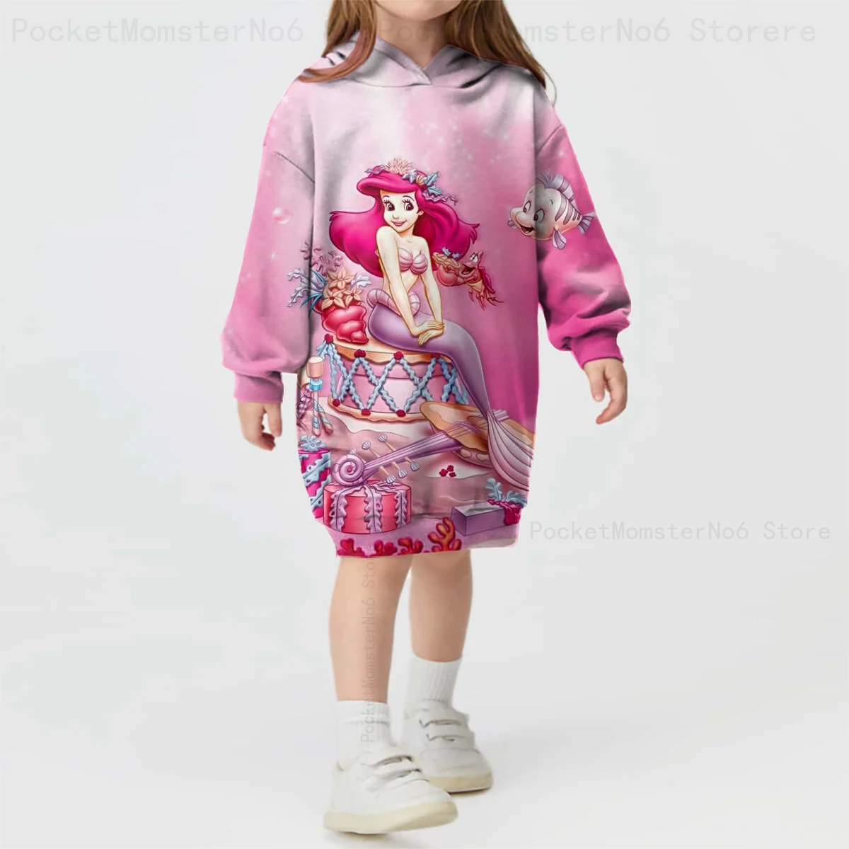 Disney Mermaid Ariel Princess Print Long Sleeve Hooded Pullover Girls Cosplay Cartoon Character Sweater