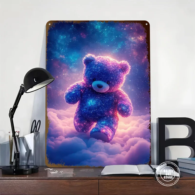 Cosmic Teddy Bear in the Clouds Tinplate Posters Customizable Wall Art Retro Vintage Metal Signs for Home Room Wand Deko Garden