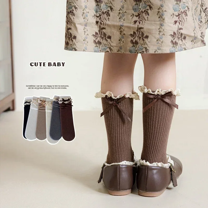 Retro Lace Bow Calf Sock for Kids Girl Sweet Beige Coffee Color Bow Ruffle Sock for Children Spring Autumn Cotton School Sock