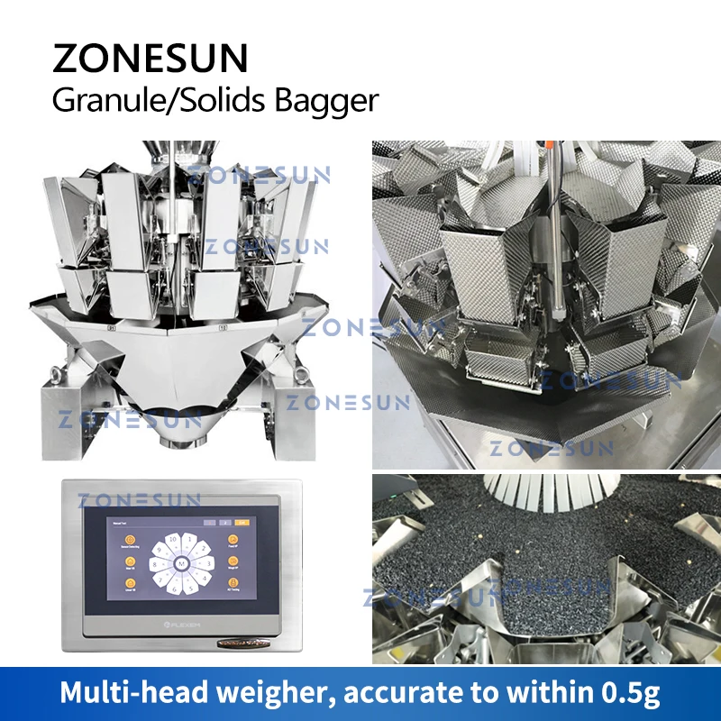 ZONESUN Granule Feeding Weighing Filling Bag Sealing Production Line Beans Nuts Seeds Metal Detector Food Packaging ZS-GW10