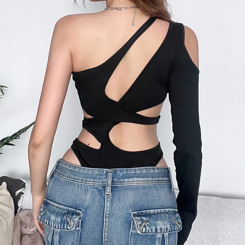 BKLD Black Bodysuit 2024 Summer New Fashion Sexy Y2k Clothes Women Slim Hollow Out Patchwork One Shoulder Long Sleeve Bodysuit