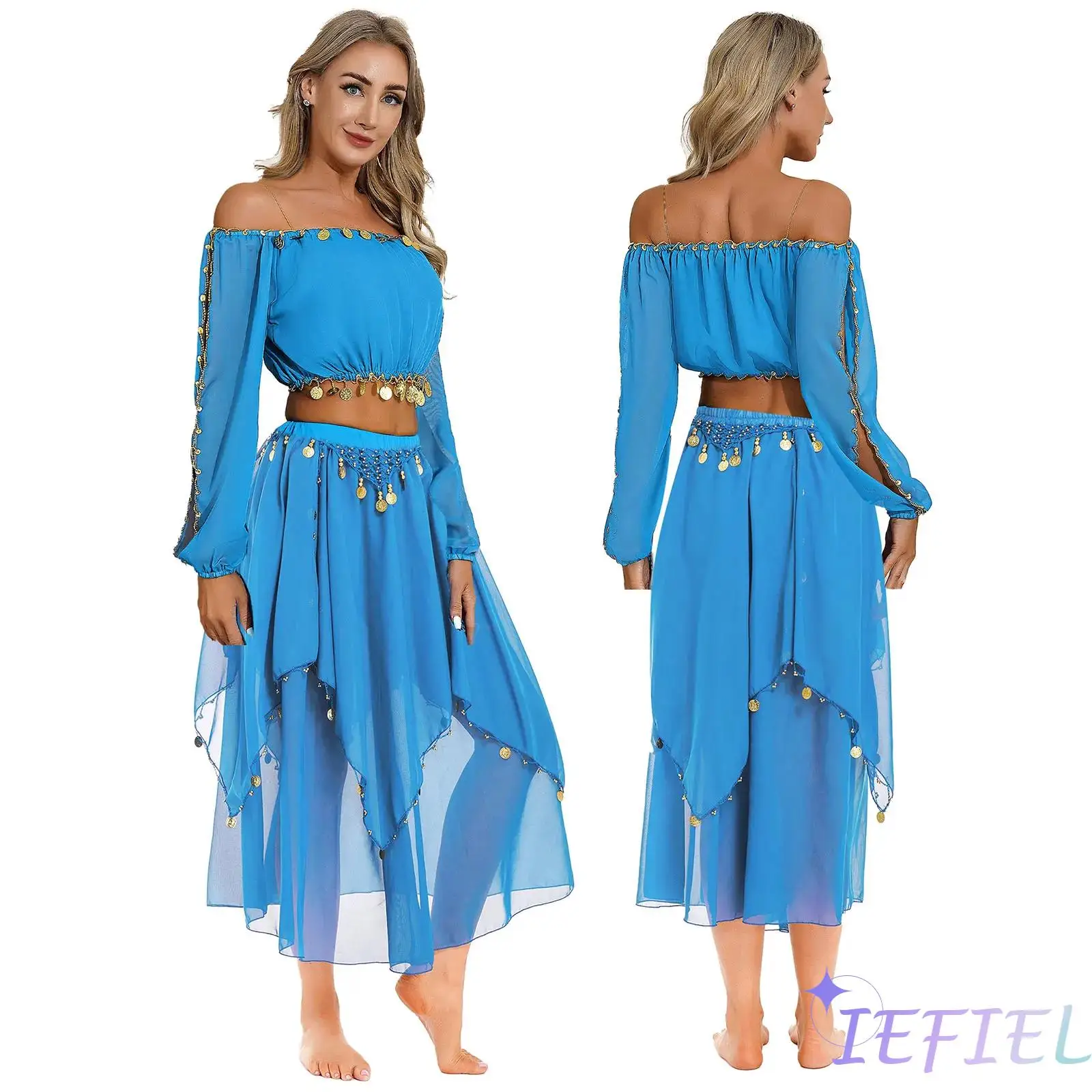 Women Orient Dancewear Indian Princess Costume Belly Dance Outfit Sets Off Shoulder Long Puff Sleeve Crop Top And Chiffon Skirt