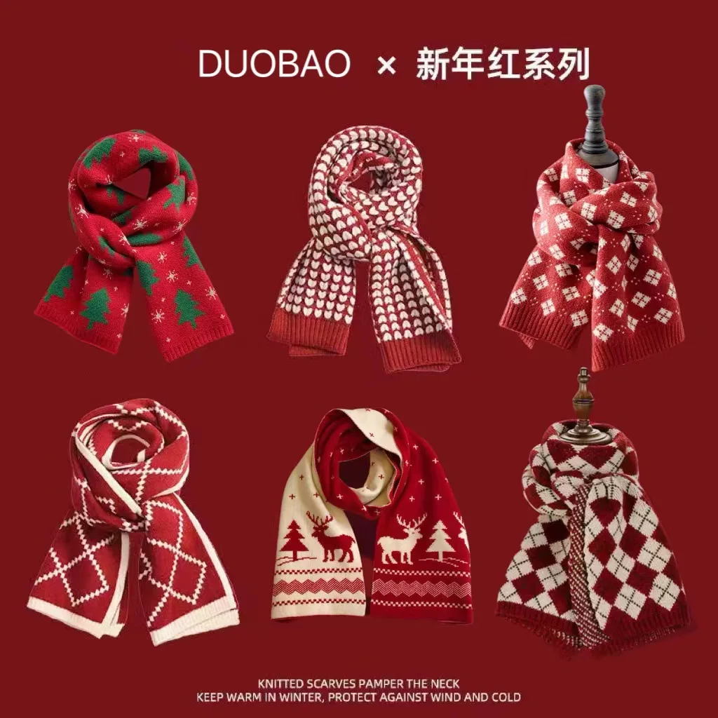 Women Winter New Year Christmas Plaid Scarf Elegant Chinese Red Zodiac Year Warm Shawl Holiday Gift Casual Female Neck Warmer
