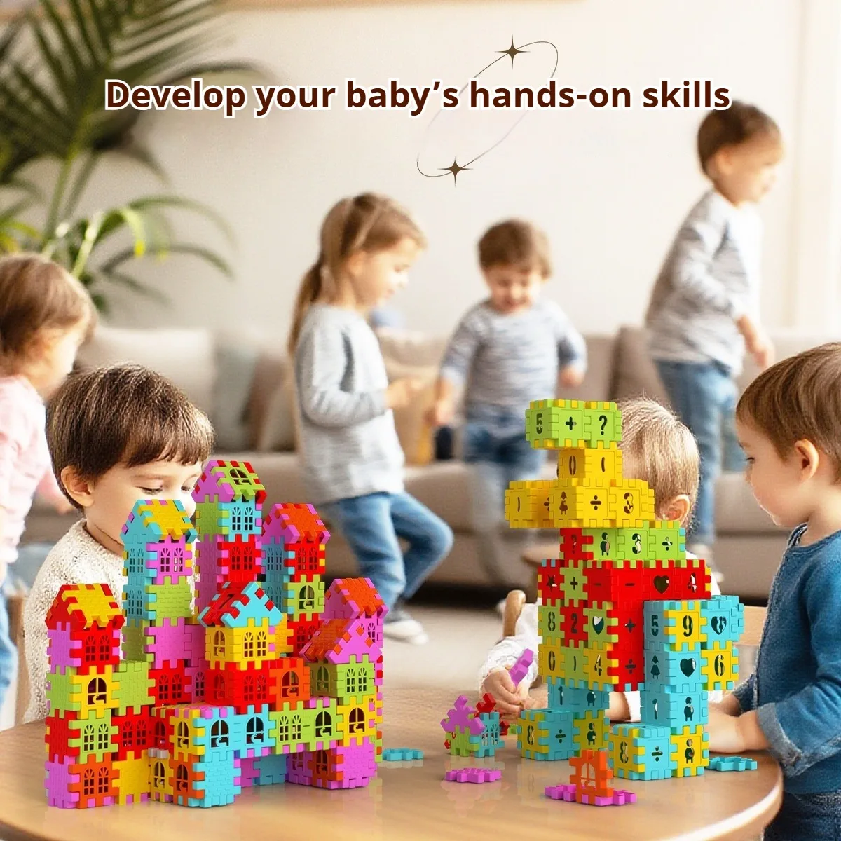 Children building houses, building blocks, assembling puzzle toys, boys and girls aged 3 to 6, big particle villas