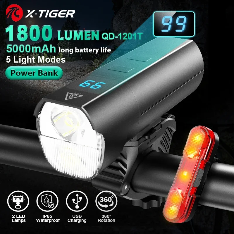 X-TIGER Bike Light 1800 Lumens Headlight Bicycle Handlebar Front Lamp Rode Cycling USB Rechargeable Flashlight Safety Tail Light