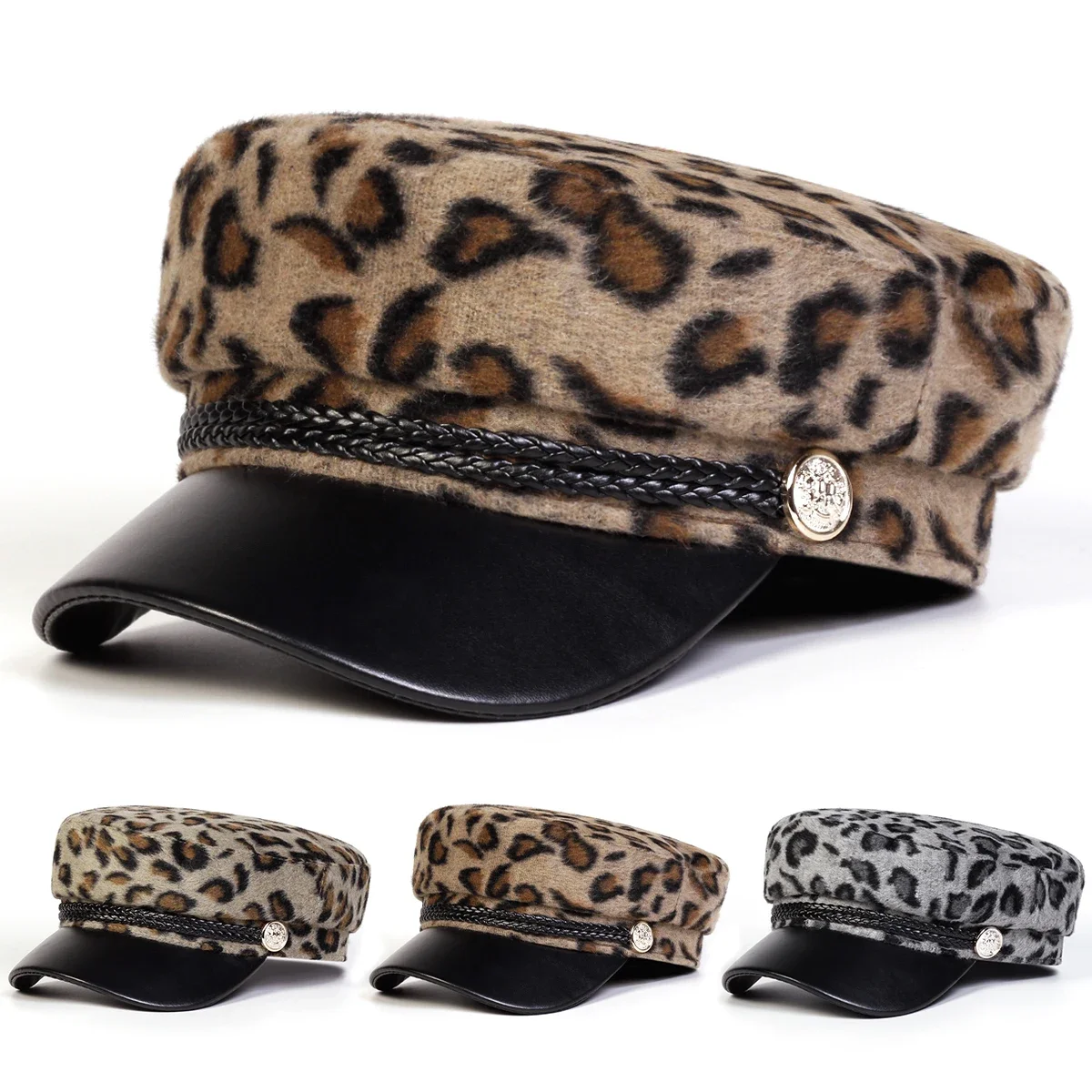Unisex Plush Leopard Print Navy Cap Autumn Winter Sailor Hats Beret Hat Men Flat Top Captain Military Caps