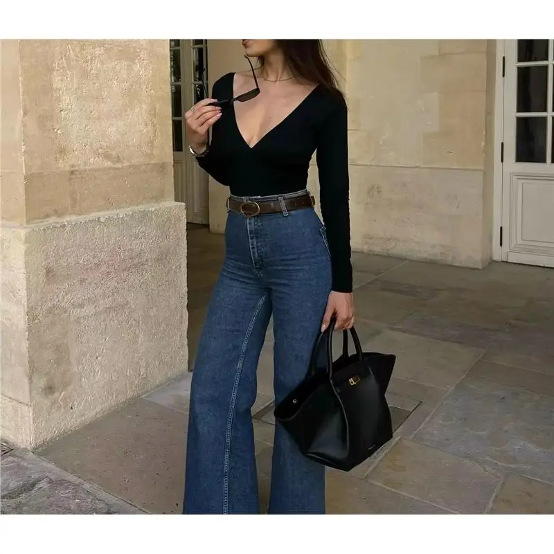

High Waist Stretchy Retro Sle Faionable Women's Jeans Capri Pants Button Closure Straight Leg Trousers for Young Women