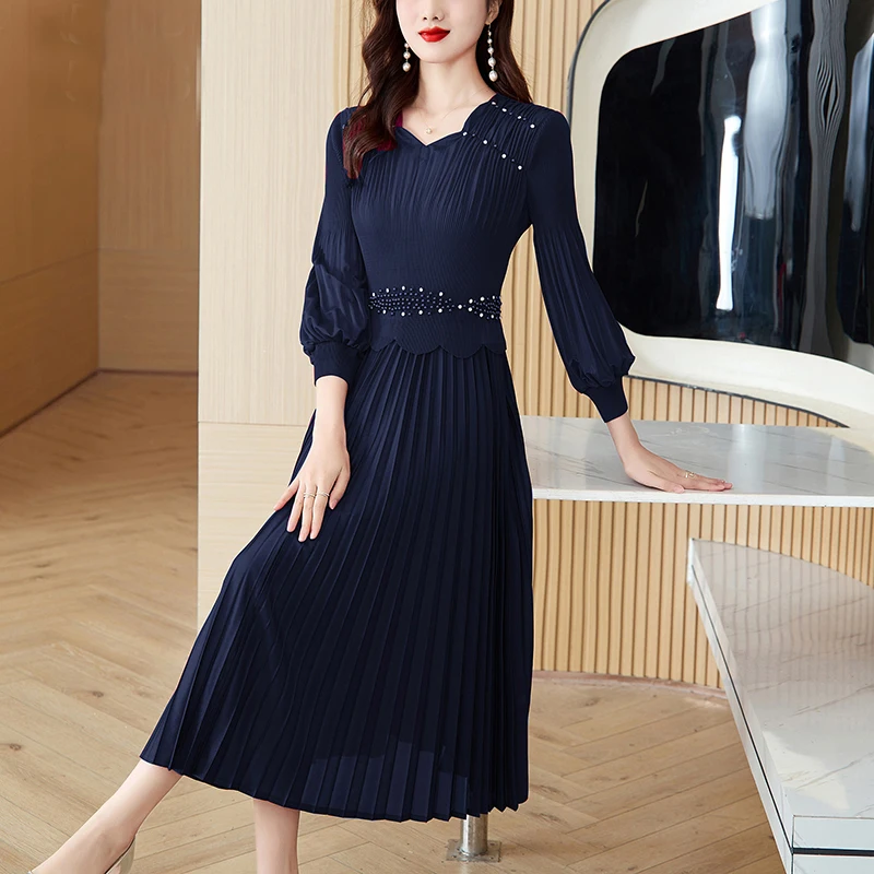 Spring Pleated Patchwork Chic Diamonds Luxury Midi Women\'s Dress Summer Elegant Bodycon Dress 2024 Korean Formal Occasion Dress