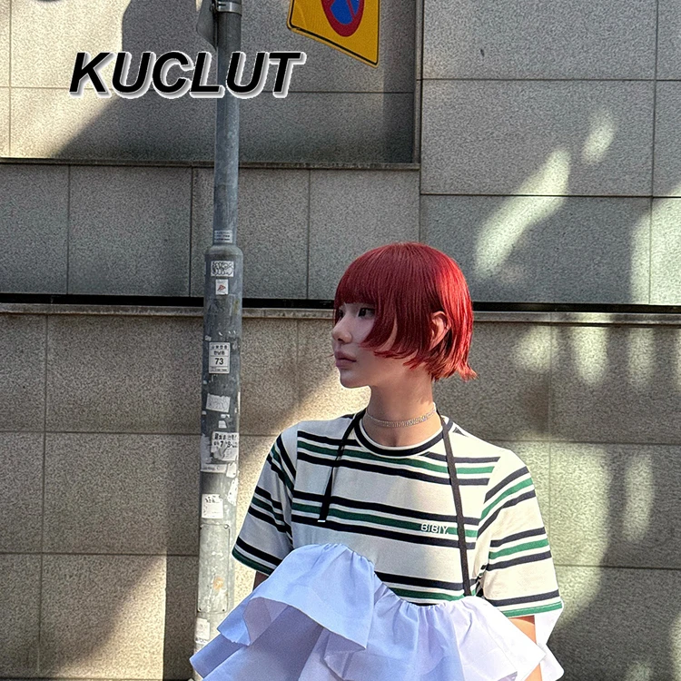 Contrasting Striped Tees Ruffle Edge Round Neck Tee Fashion Women's Short-sleeved T-shirts Summer Japanese Style Casual Top