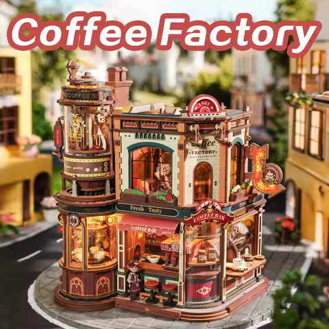 DIY Coffee Factory Model Kit - 3D Wooden Puzzle for Adults with LED Lights, Music &amp; Figurines, Unique Birthday Gift Idea