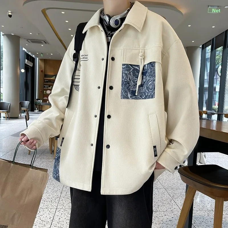 

Spring New Faionable Casual Loose Collar Jaet Versatile Outerwear Men's Loose Top Polyester Fiber Long Sve Youth Jaet