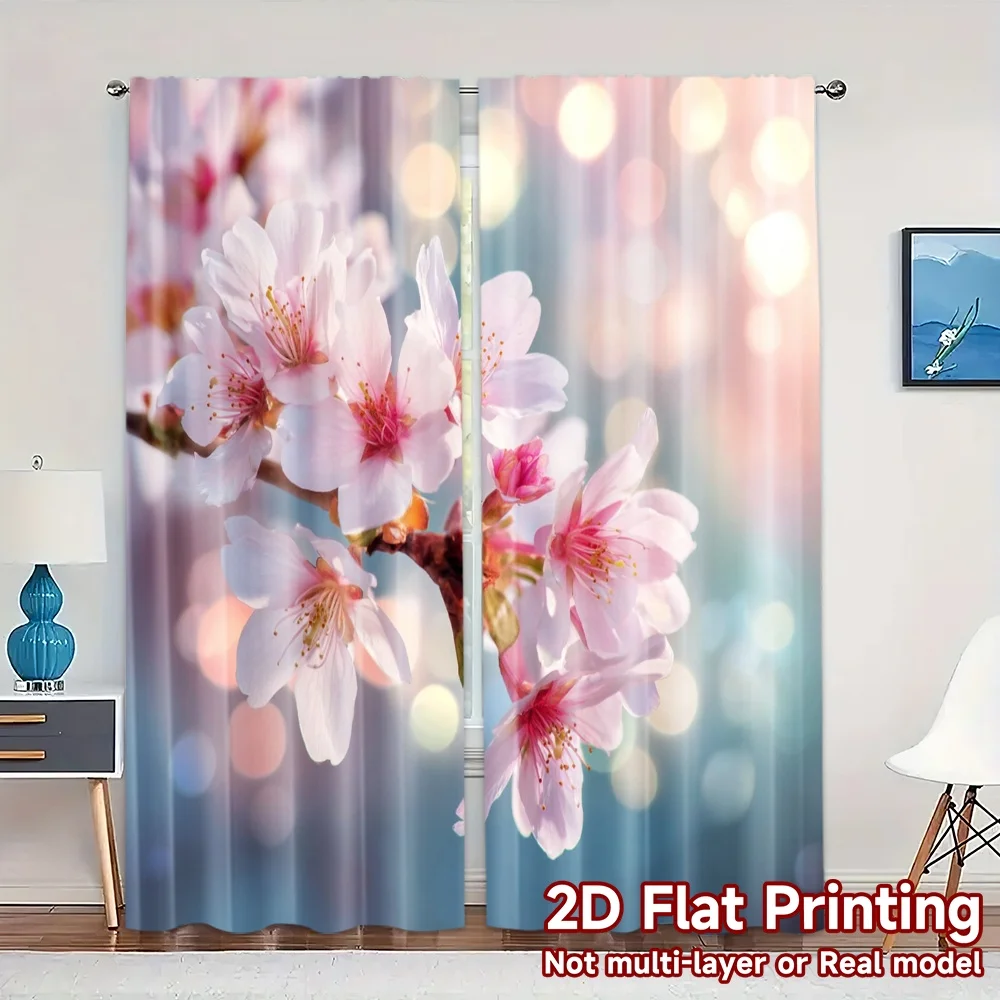 Rideaux imprimés plats 2D (sans tige), 2 pièces, rideaux imprimés cerise Bliss Chic, 100% Polyester, décorations à utiliser pour