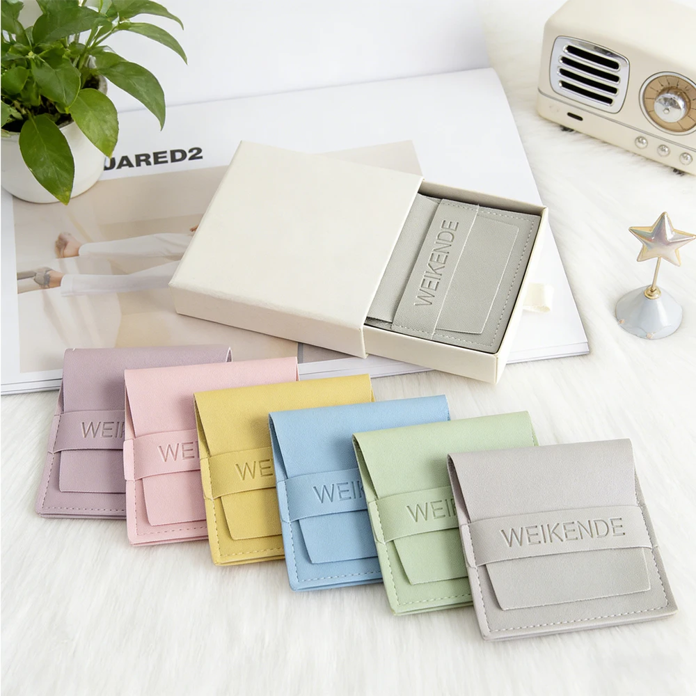 

100Pcs 8x8cm Customize Logo PU Rings Bags Leather Jewelry Packaging Organizer Pouch Wedding Favors For Guests Bulk Gift Bags