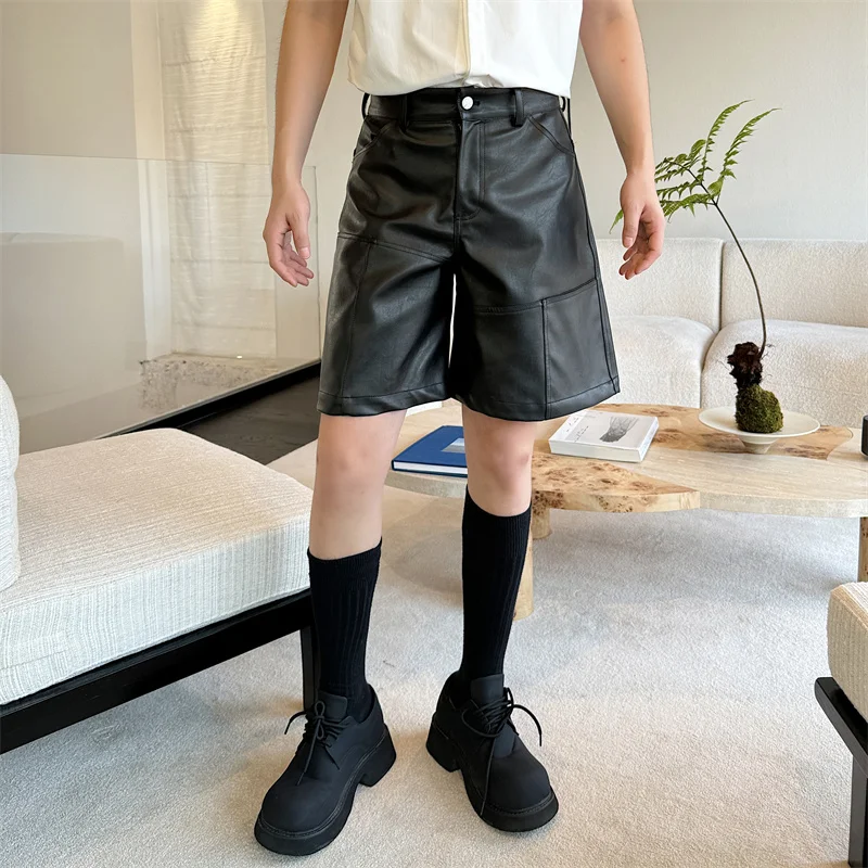 NOYMEI PU Leather Shorts Black Casual All-match High Waist Solid Color Simple Slim Summer New Pants Men WA5216