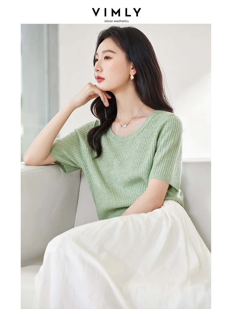 VIMLY Summer Women Cooling Knitted Short Sleeve T-Shirts Simple Casual Round Neck Pullovers Breathable Cropped Versatile Tops