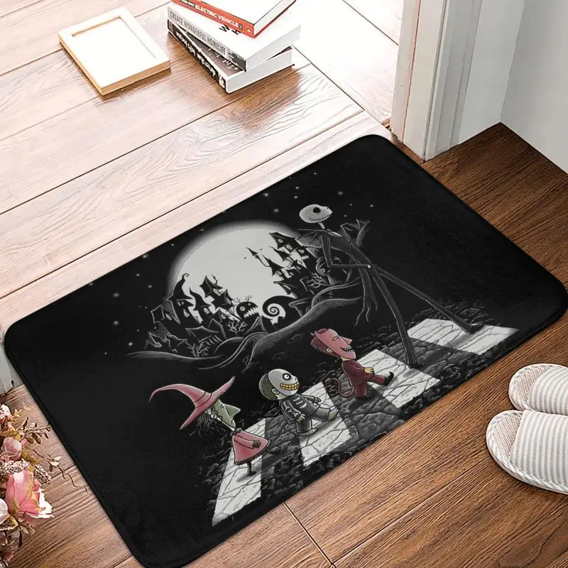 Alfombra personalizada para puerta delantera con calavera de Halloween, felpudo antideslizante para interiores, Tim Burton, película de terror navideña, alfombra de entrada para balcón