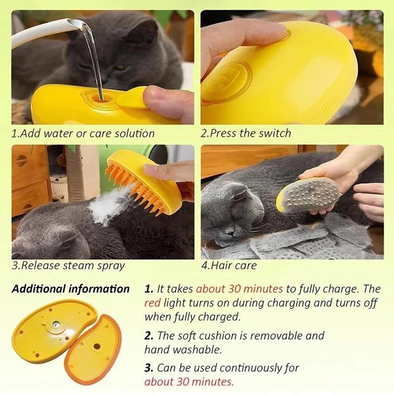 2024 New Cat Dog Steam Brush Pet USB Electric Spray Silicone Massage Comb 3 in1 Pet Grooming Brush