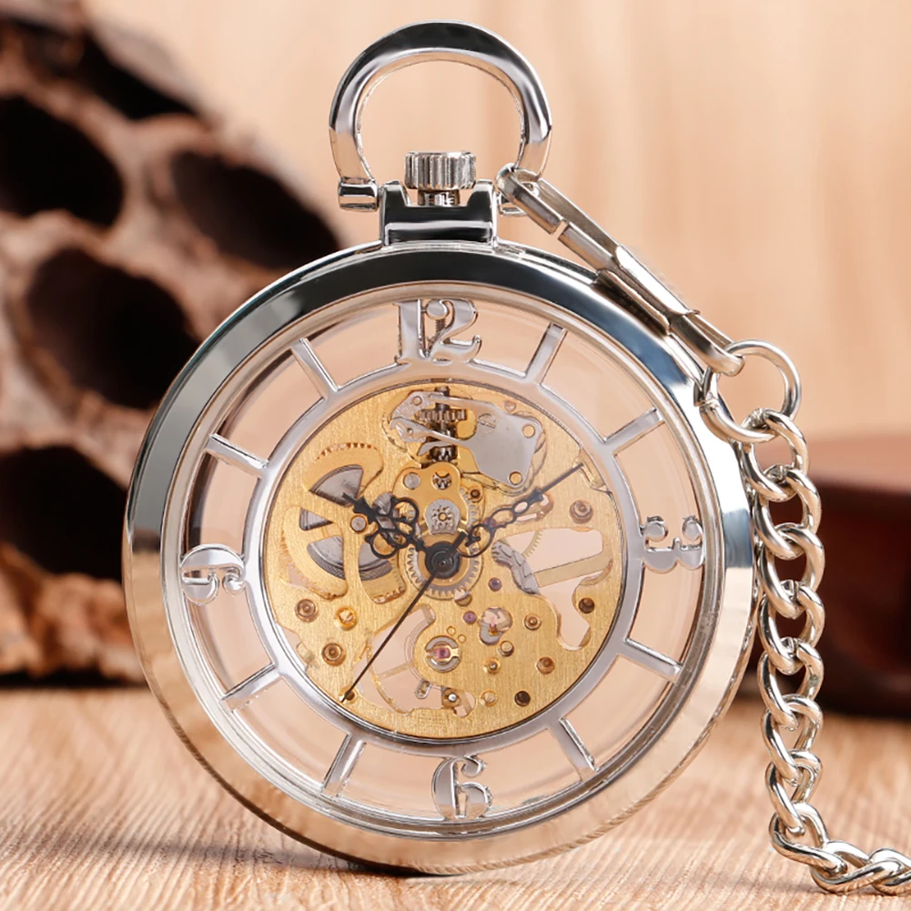 Manual Mechanical Pocket Watch Transparent Glass Arabic Numerals Display Silver Chain Pendant Pocket Clock Christmas Gift Men