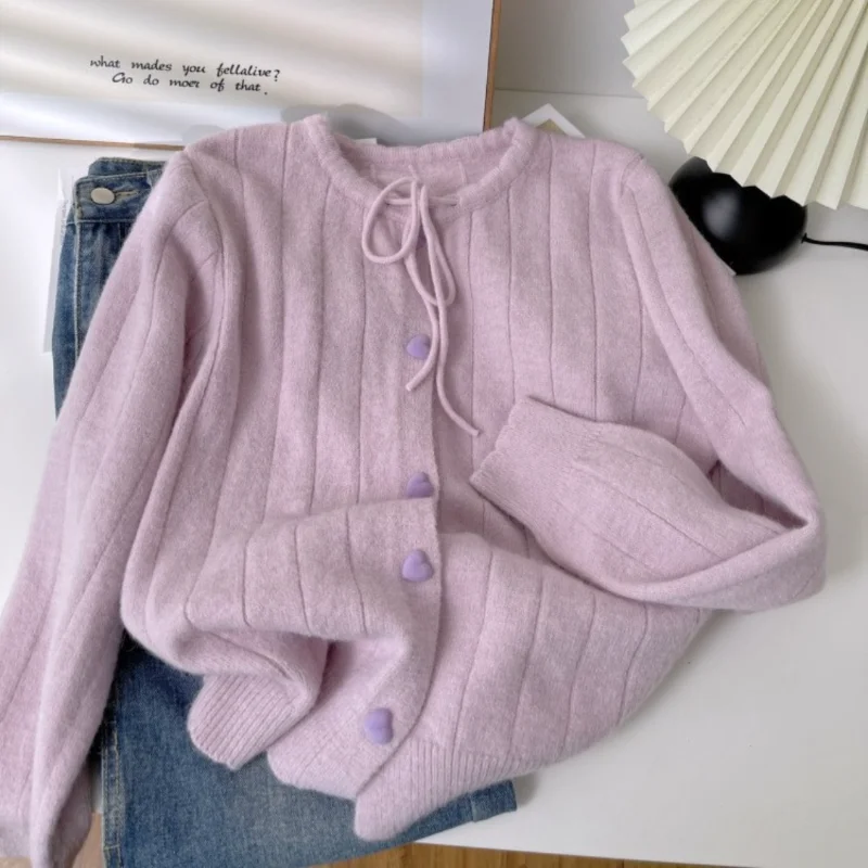 Women Round Neck Drawstring Heart Button Ribbed Knit Cardigan Long Sleeve Sweater