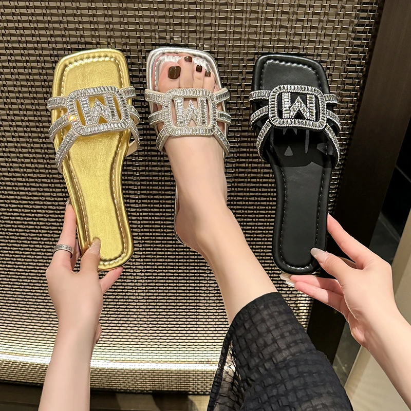 Comemore 2024 Rhinestone Sequins Designer Slides Luxury Non-Slip Square Heel Women Slippers Fashion New Butterfly-knot Sandals