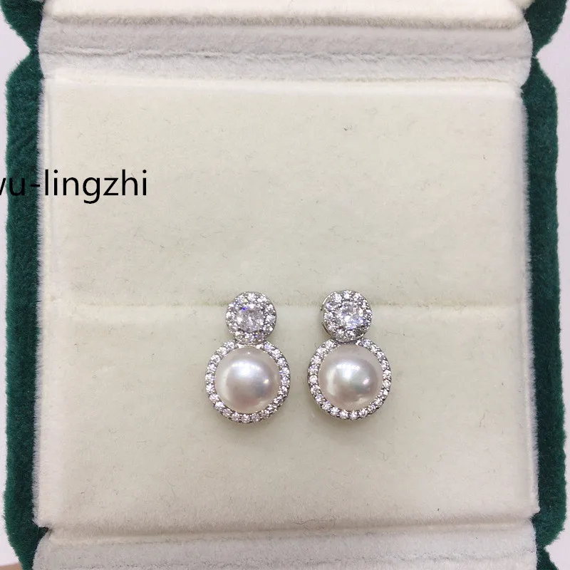 wu-lingzhi Women Queen Earrings Natural Fresh Water Pearl Stud Earrings Female 18k Gold Plate 925 Silver Earrings Shining