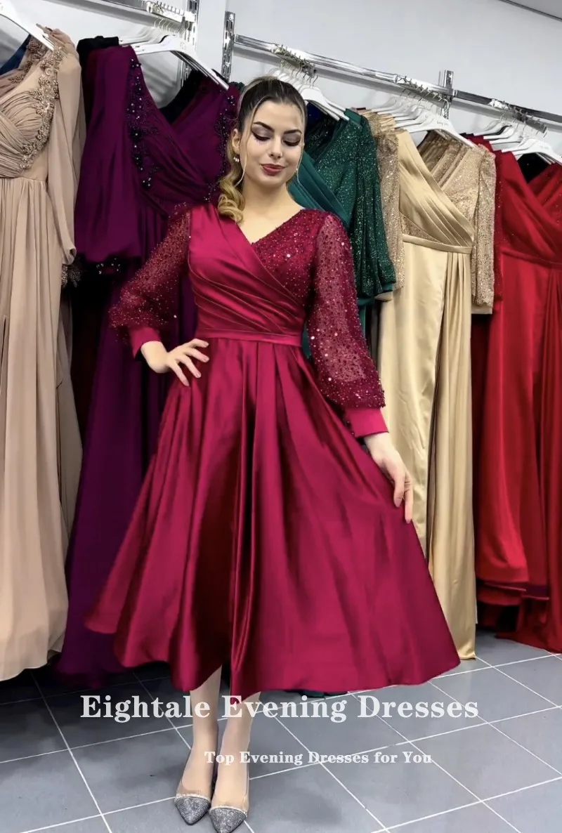 Eightale Short Prom Dresses V-Neck Glitter Long Sleeves Burgundy Customized A-Line Evening Party Gown Vestidos Para Graduación