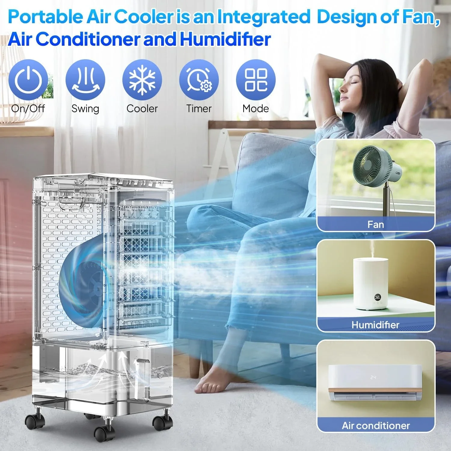 Aire acondicionado de refrigeración con Control remoto, aire acondicionado portátil de eficiencia energética, diseño sin ventana 3 en 1, Evaporati rápido