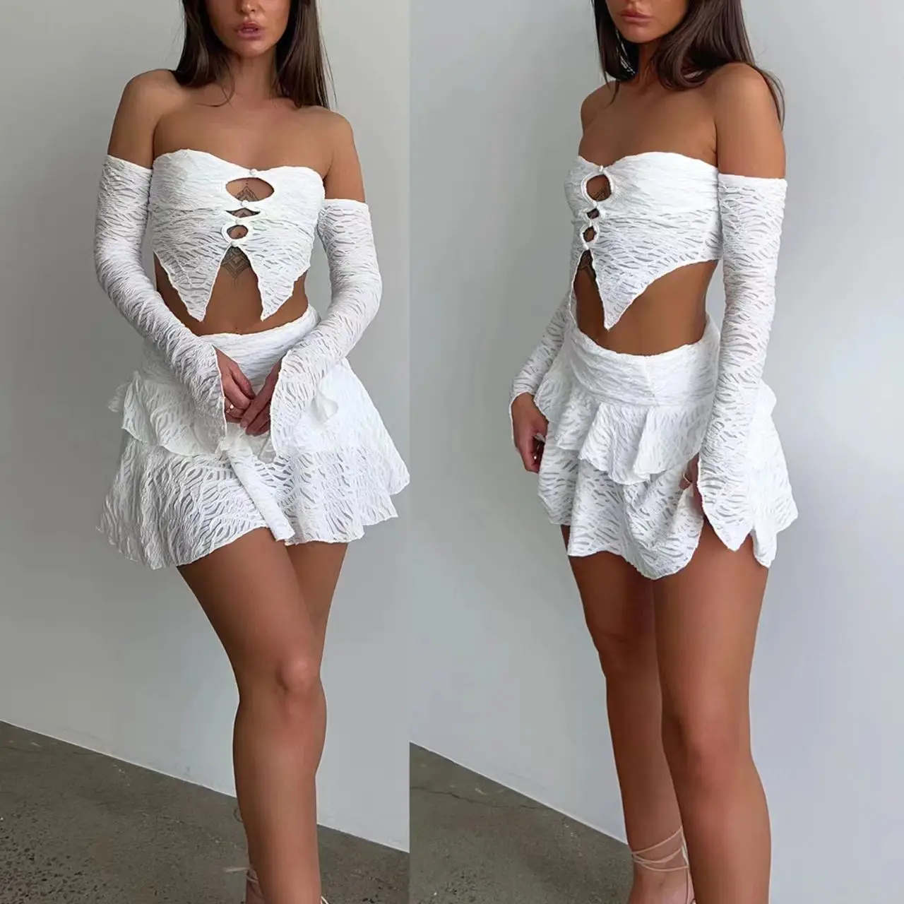 2024 Solid Color Hollow Half-sleeved Tube Top Simple Sexy Spice Girl Slim Short Top Short Skirt Two-piece Set Women