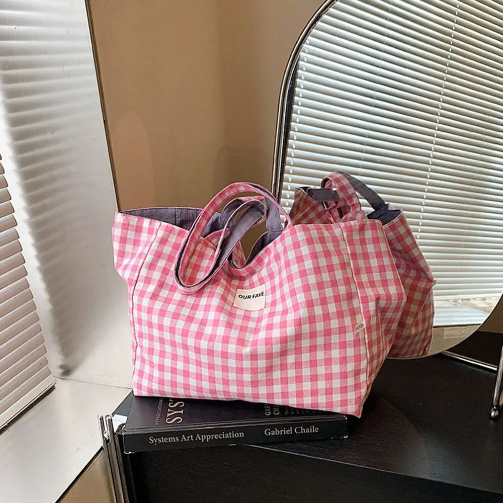 

Double-Sided Plaid Tote Bag Literary Style Student Use Large Capacity Handbag Casual Lightweight Canvas Shoulder Bag