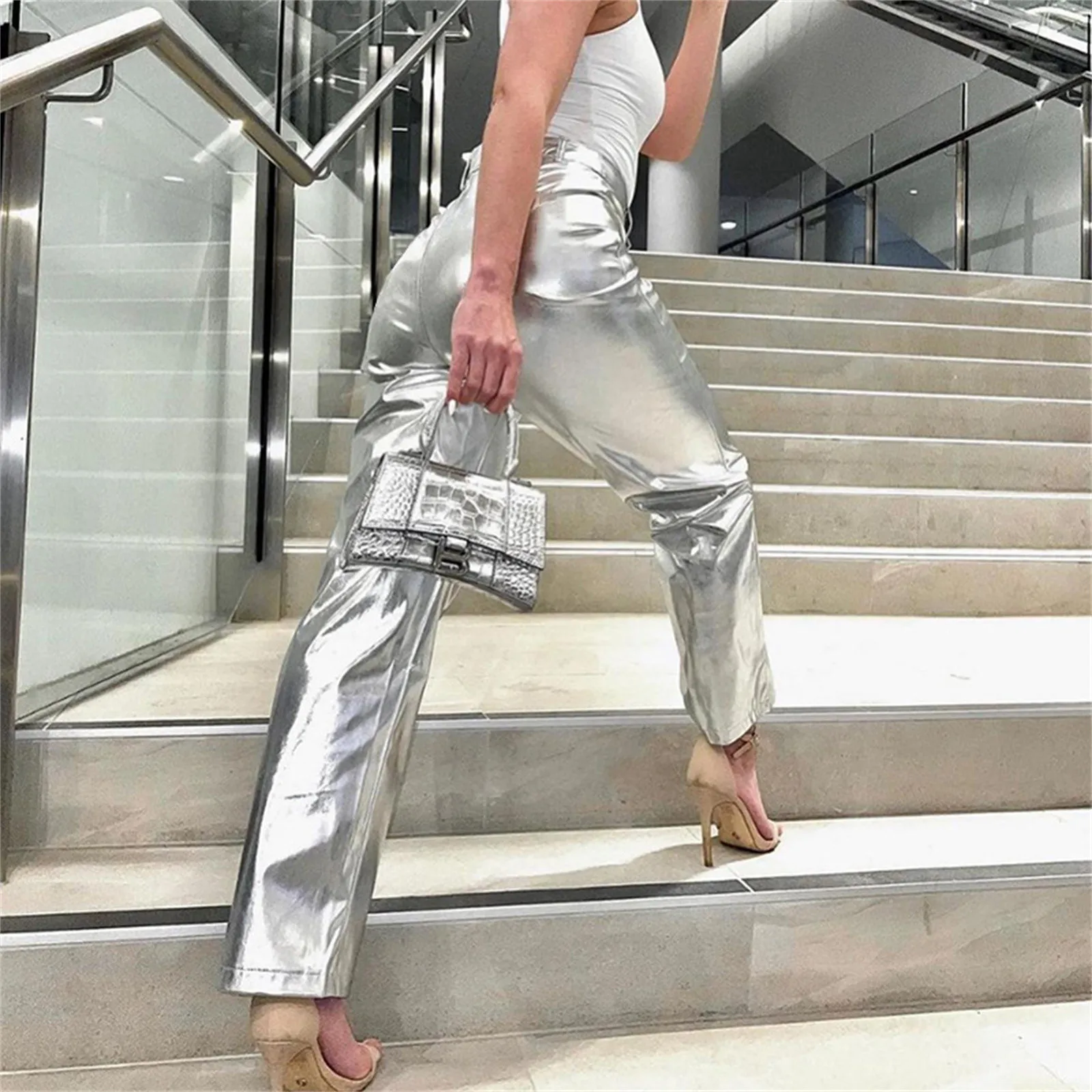 Womens Pants Silver Metallic Straight Leg Pants For Women High Waist Sparkling Elastic Waist Streetwear Clubwear брюки женские