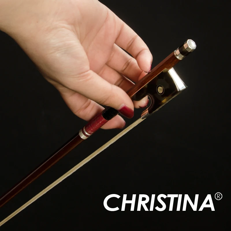 

CHRISTINA High Quality Pernambuco Violin Bow SG12, Inlaid Abalone Tortoiseshell Frog 3-part Screw Red Silk Thread Silver Winding