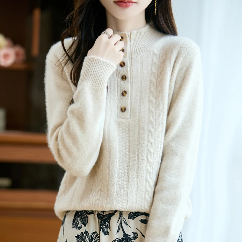 Женский пуловер из 100% шерсти с утолщенным воротником и полупуговицами, вязаный трос, сочетающий тепло и деликатес