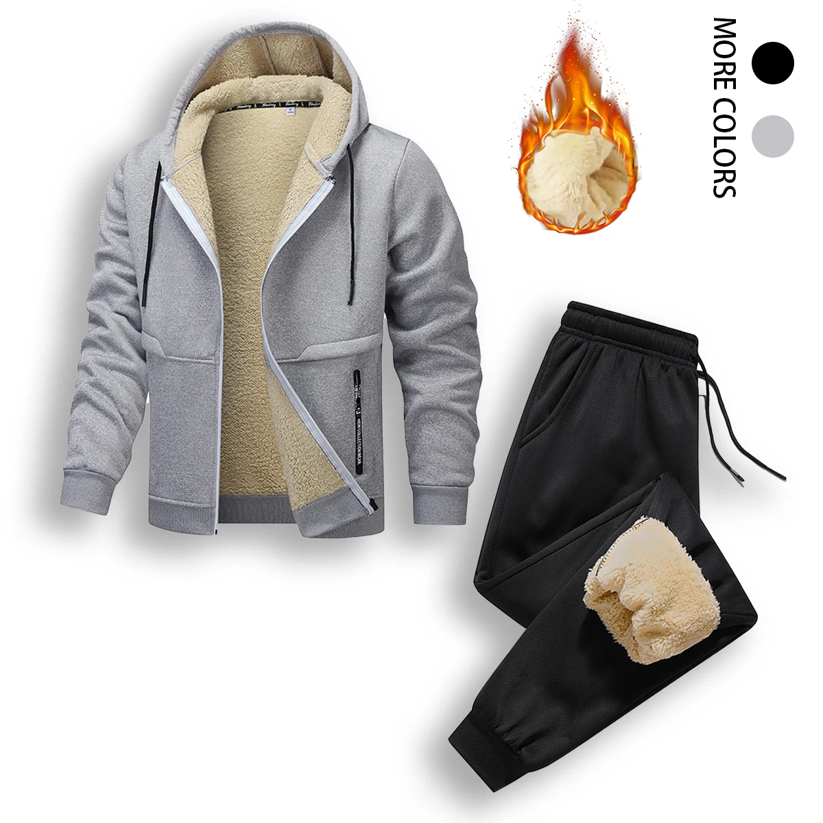 

Мужской спортивный костюм с капюшоном на флисовой подкладке, теплая куртка и брюки, дизайн на шнурке, повседневный стиль для повседневной и зимней одежды