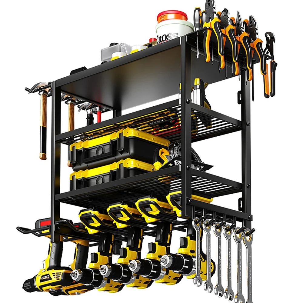 Estante de Almacenamiento de Herramientas de 3 Niveles para Montar en la Pared y Estación de Carga para Taladros, Organizador de Herramientas de Metal Resistente para Garaje, Taller, Estante Flotante Multifuncional con Ganchos para Martillos y Tablero Perforado, Estante de Almacenamiento que Ahorra Espacio